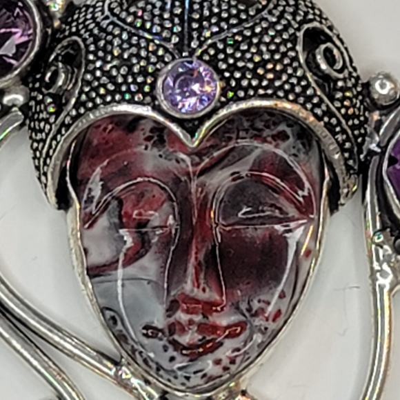 Sterling Silver Pendant with Red Carved Face, Green Gemstone, and Purple Rose - Picture 4 of 12